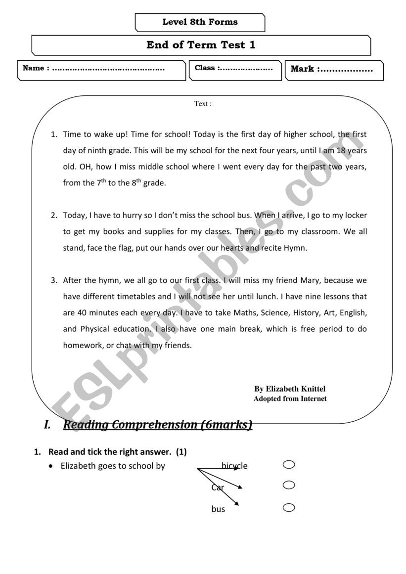 End of Term 1 Test  worksheet