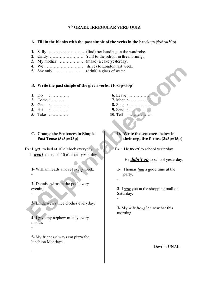 Irregular Verbs Quiz worksheet