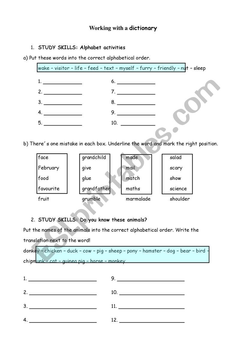 working with dictionaries worksheet