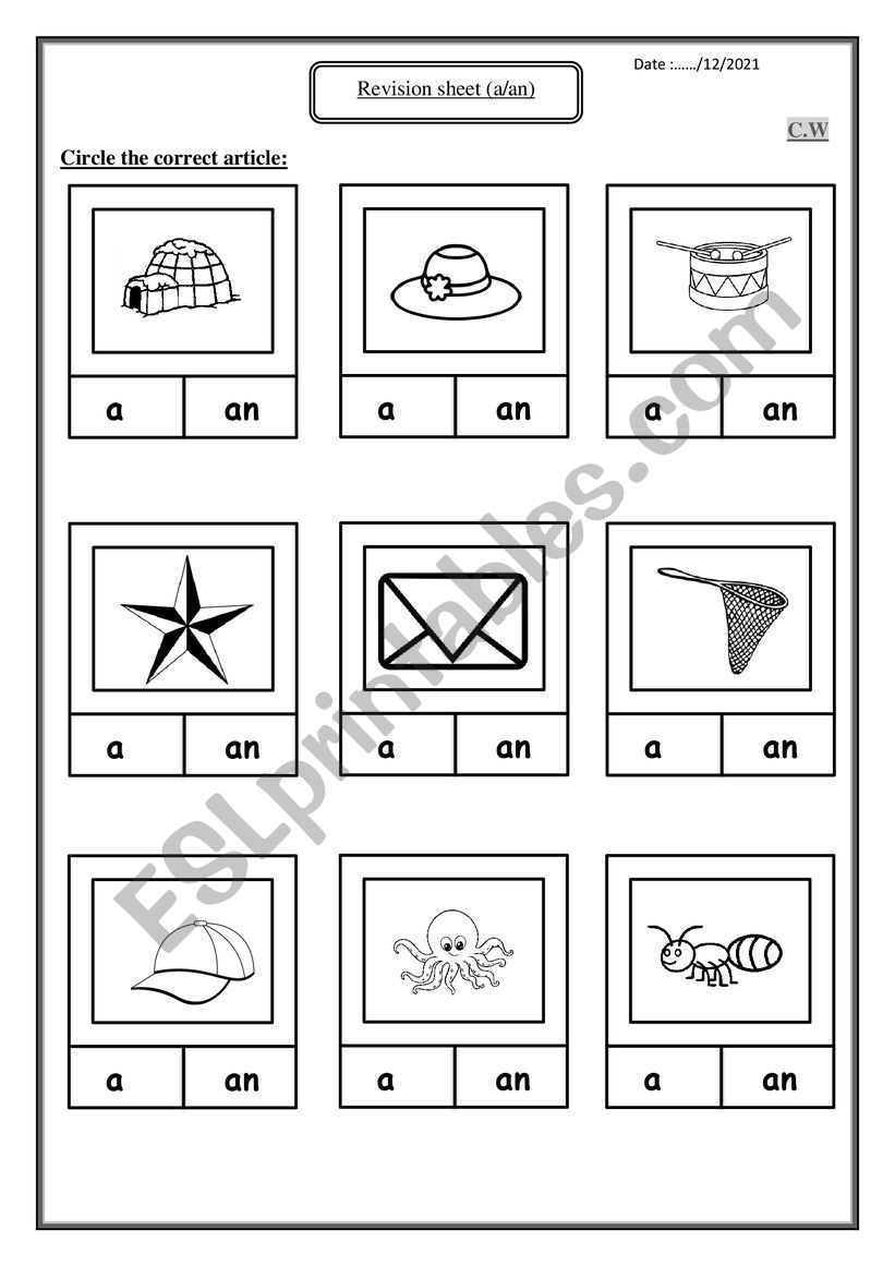  articles a/an worksheet