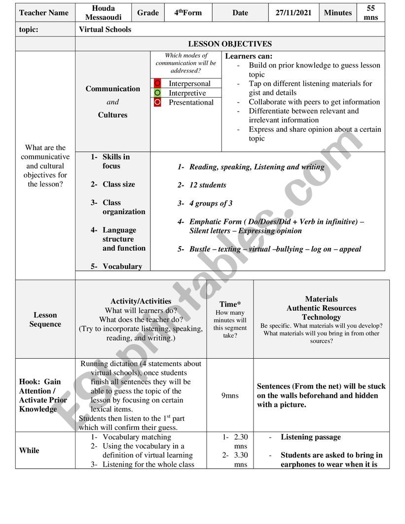 Lesson plan, lesson 3 unit 2, virtual school