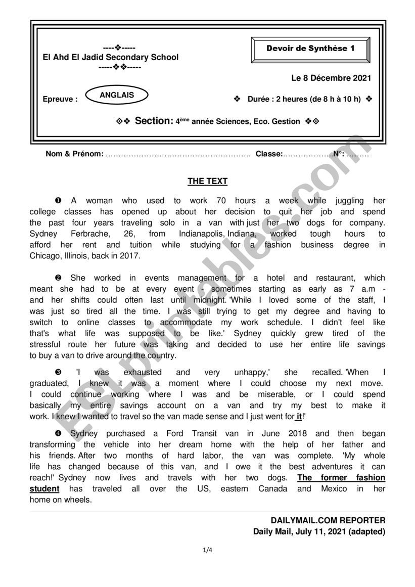 4th Form Full term test n1 worksheet