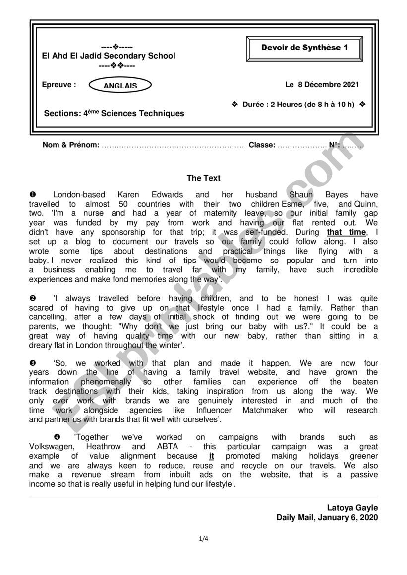 4th Form Full term Test Technical branches