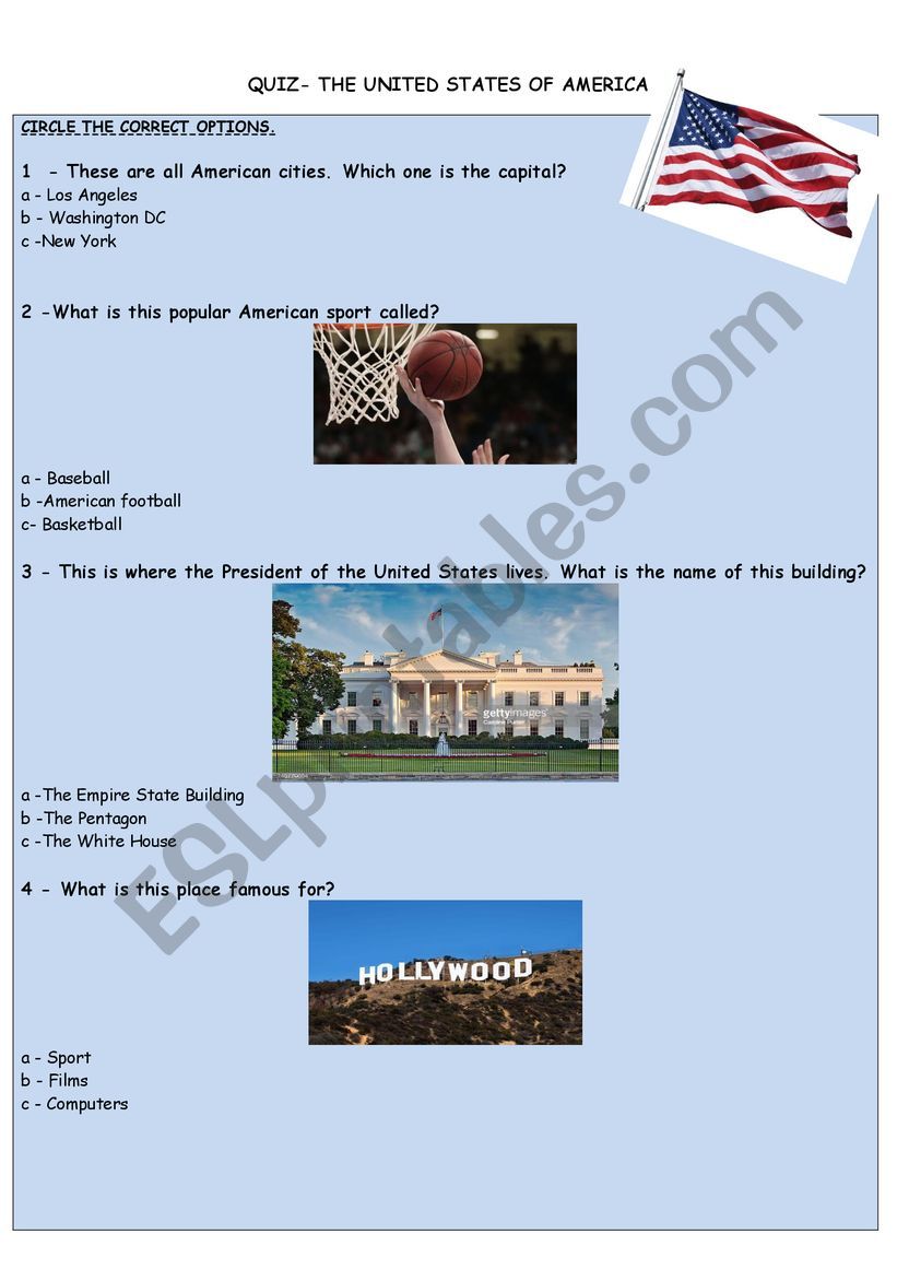 Quiz -The USA worksheet