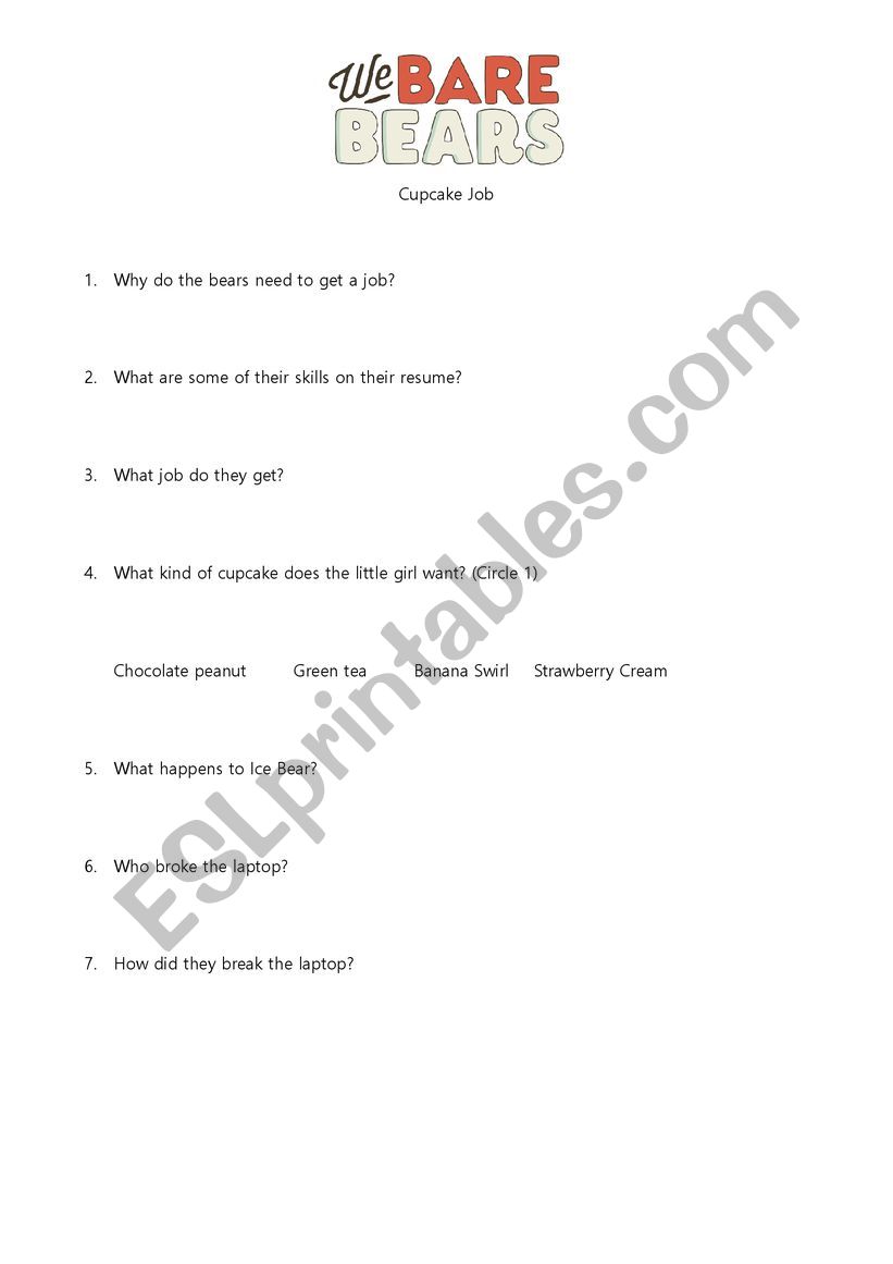 We Bare Bear Cupcake Job Activity Worksheet