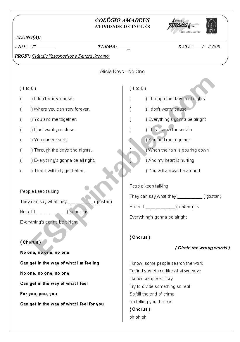 No one - Song by Alicia Leys worksheet