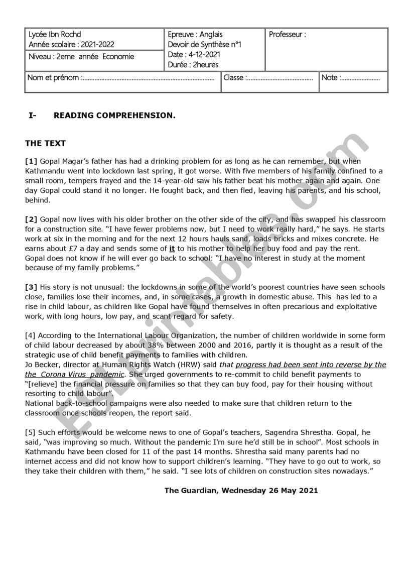 End of Term test 1 2nd form worksheet