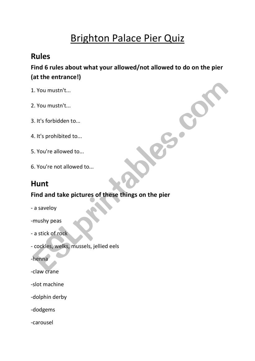 Brighton Pier Quiz  worksheet