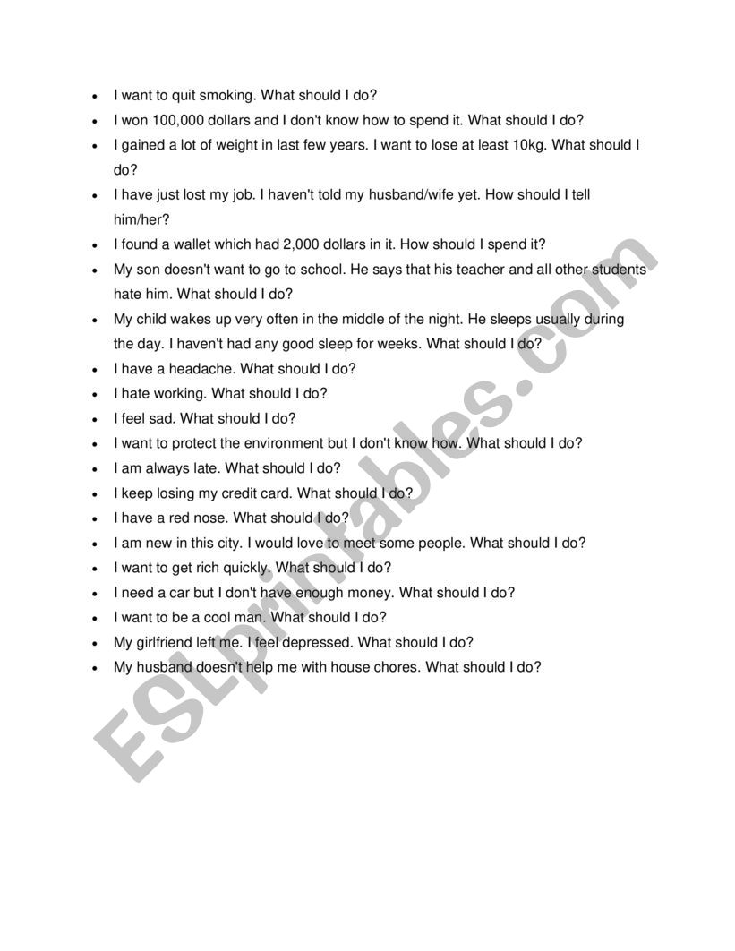 Advice questions worksheet