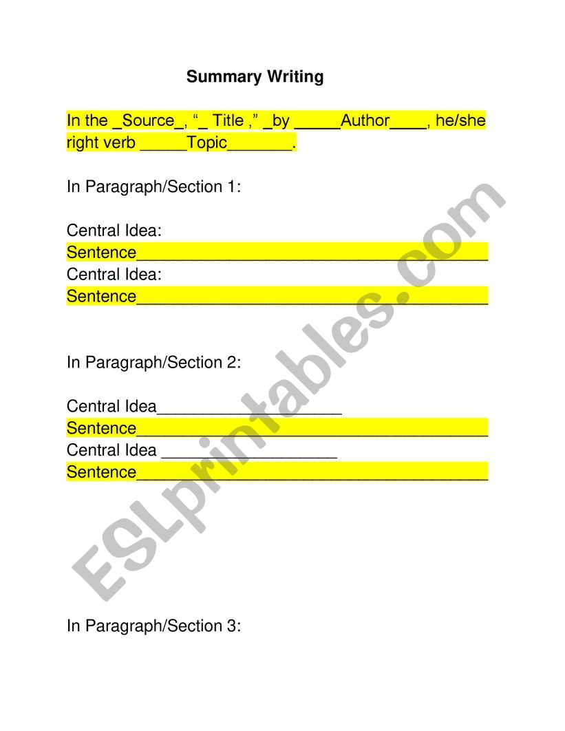 Summary Writing Graphic Organizer - ESL worksheet by kayadlaney