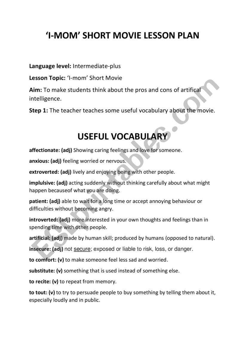 I-mom short movie lesson plan worksheet