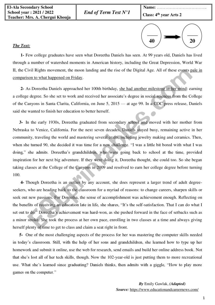 End of term test 4th Arts worksheet