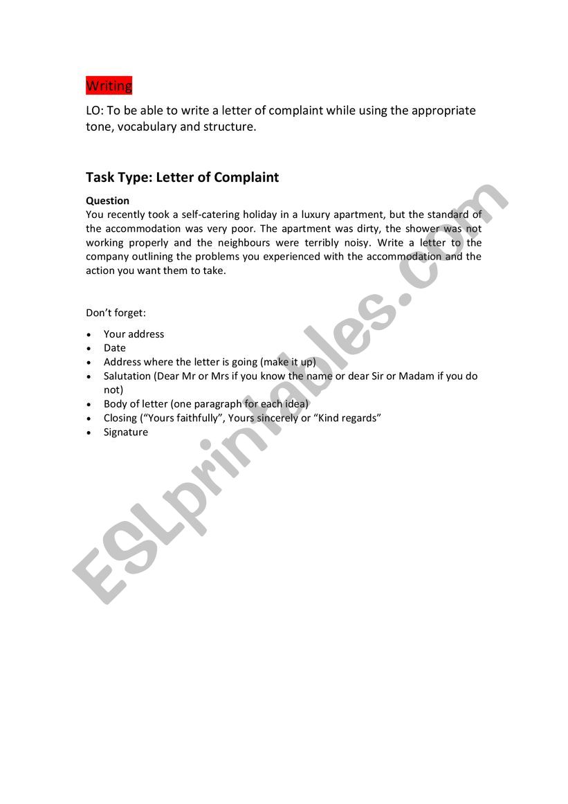 formal letter writing task worksheet