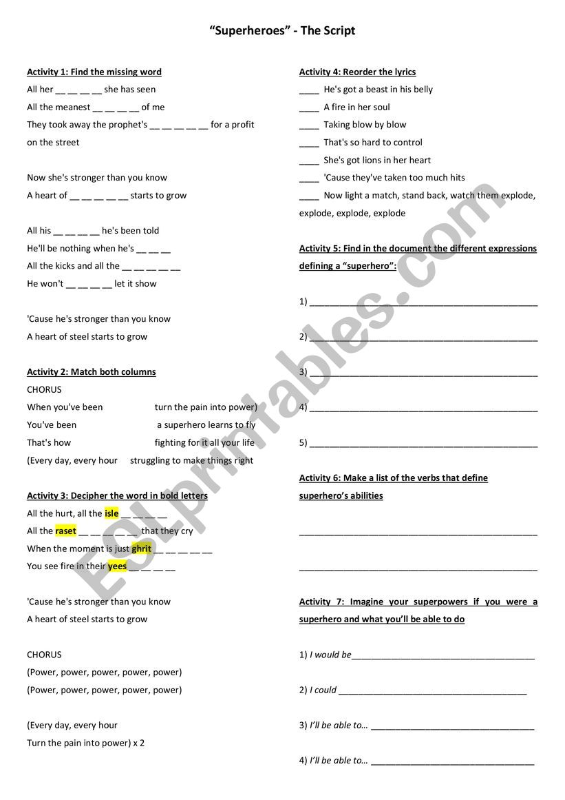 Superheroes - The script worksheet