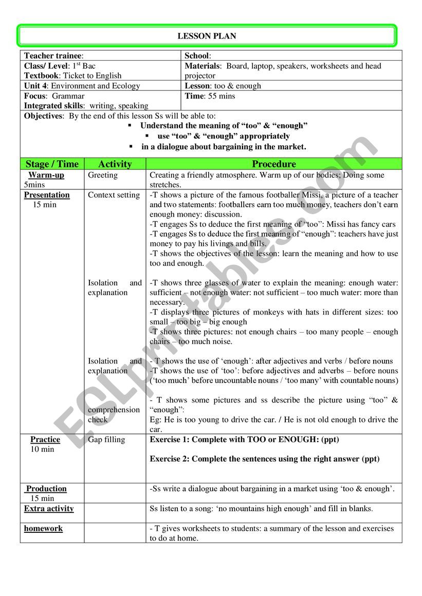 too and enough lesson plan worksheet