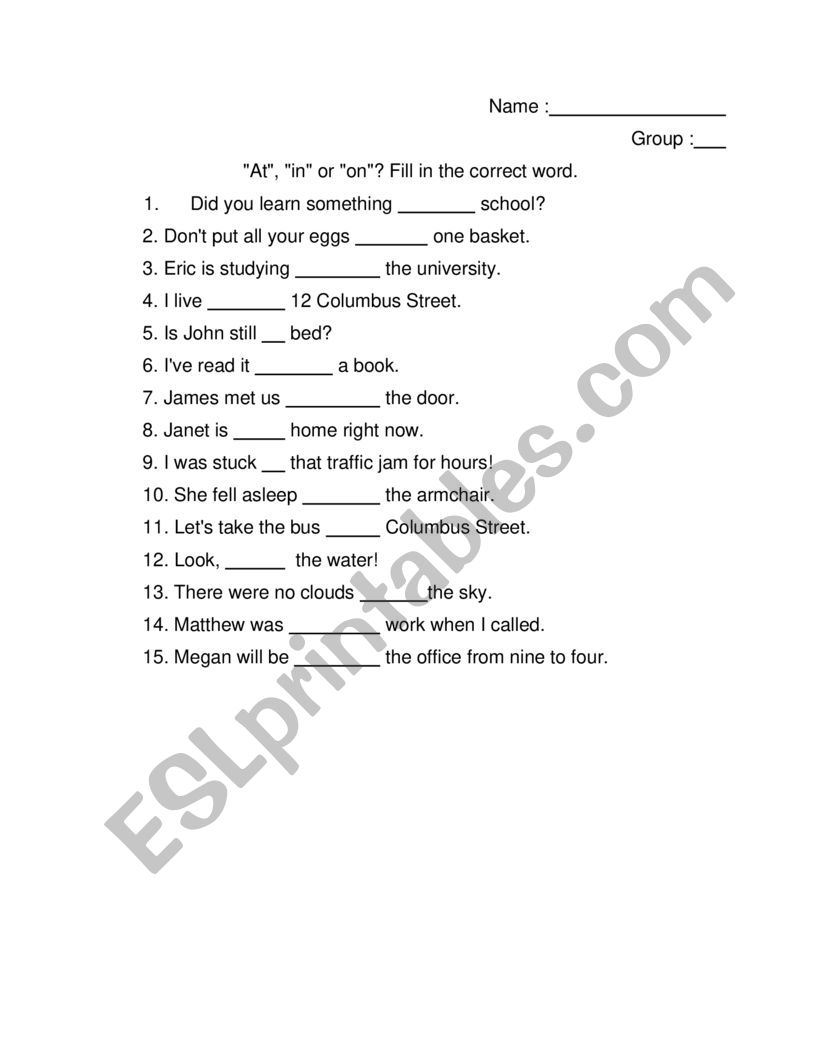Prepositions, time and place worksheet