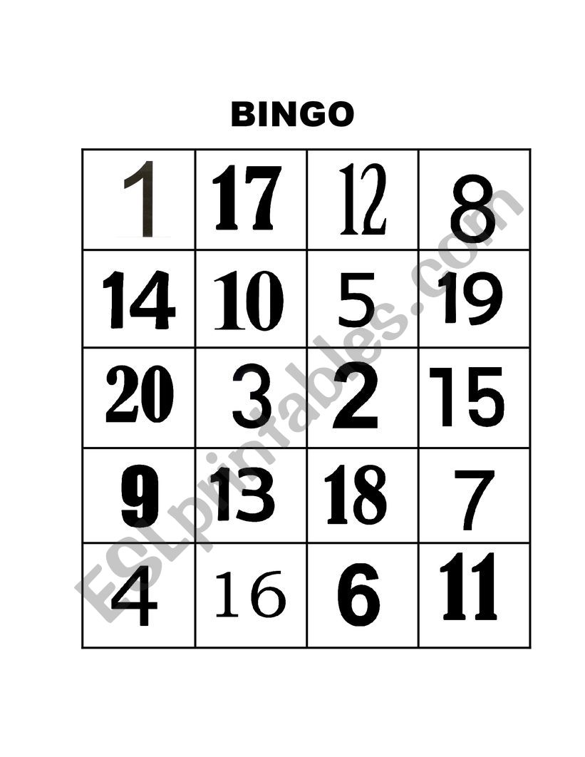 Bingo 1  to 20  worksheet