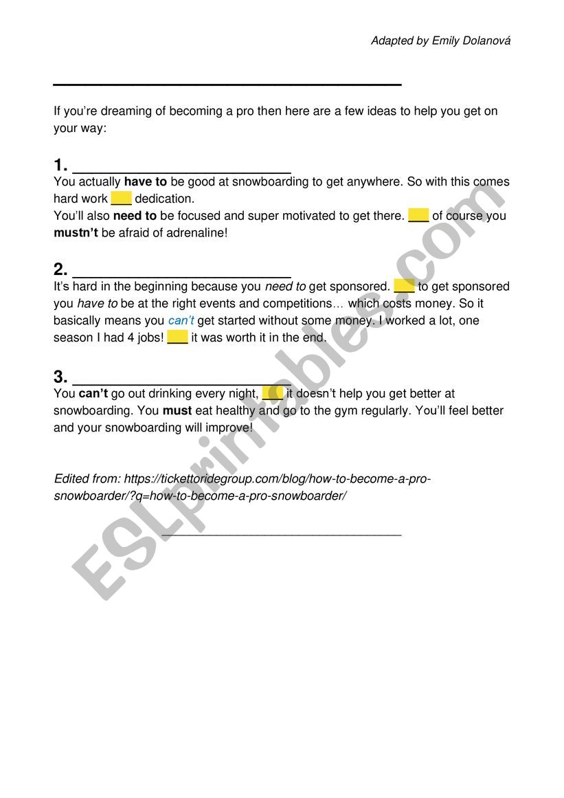 Snowboarding: reading / writing advice (modals, connectors) 