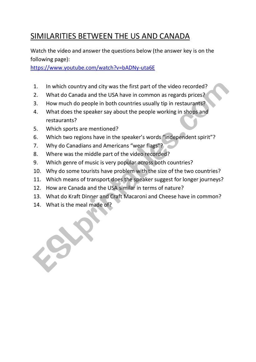 US + CANADA - similarities worksheet