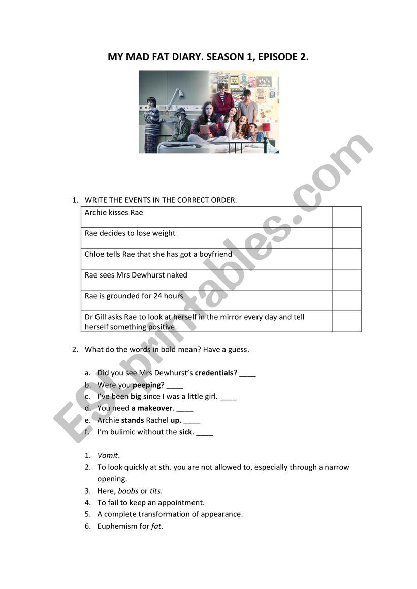 MY MAD FAT DIARY worksheet. EPISODE 2.  