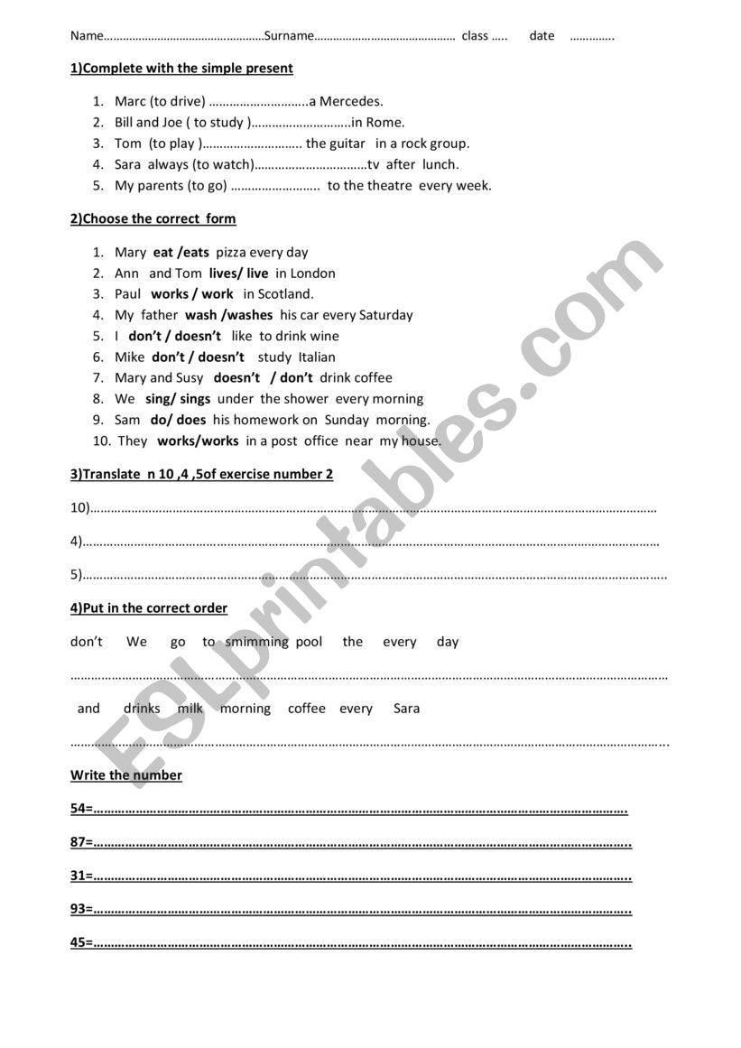 test simple present worksheet