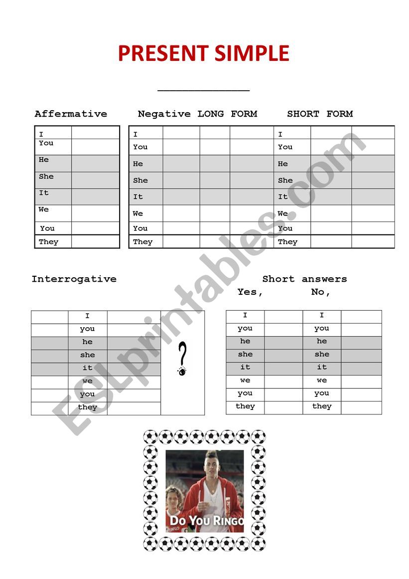 SIMPLE PRESENT chart worksheet