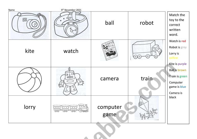 Toys grid to match picture and word