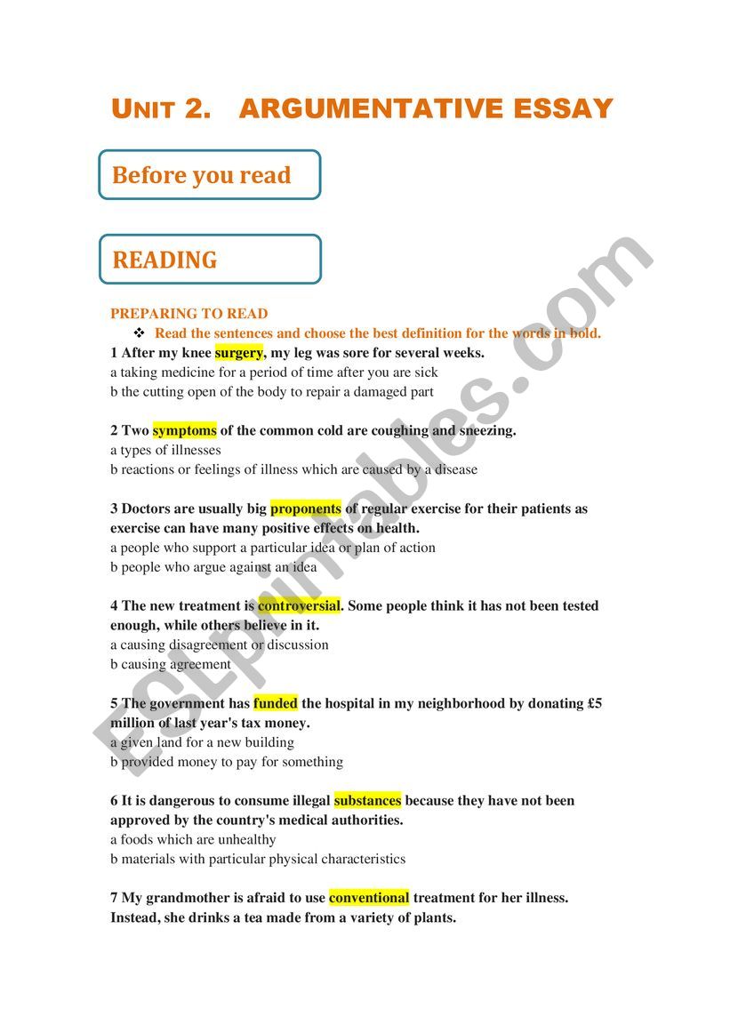 parts of an argumentative essay worksheet