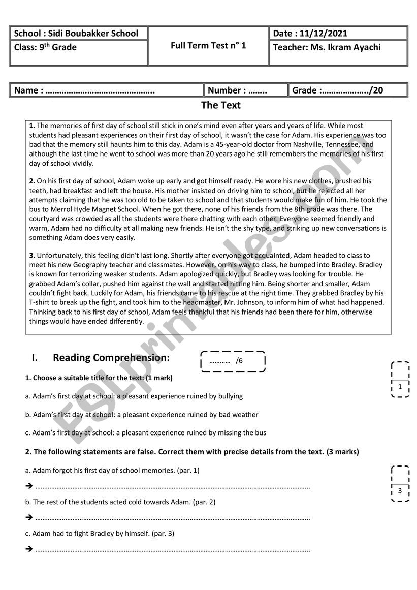 9th Grade - Full Term Test n° 1 - ESL worksheet by English Teacher 24