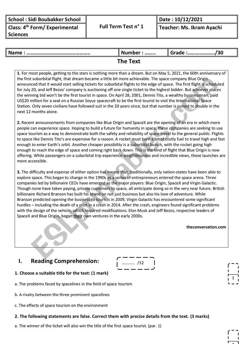 4th Form - Experimental Sciences - Full Term Test n 1