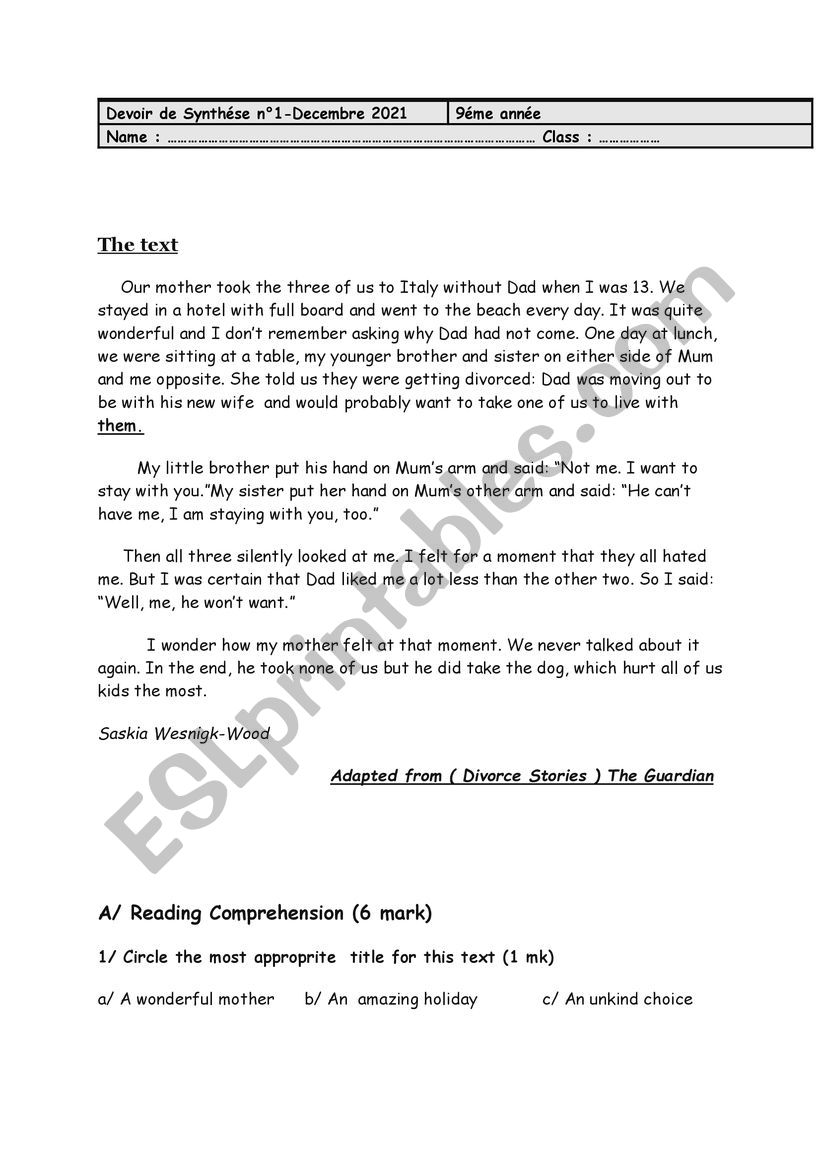 first term test 9 th form worksheet