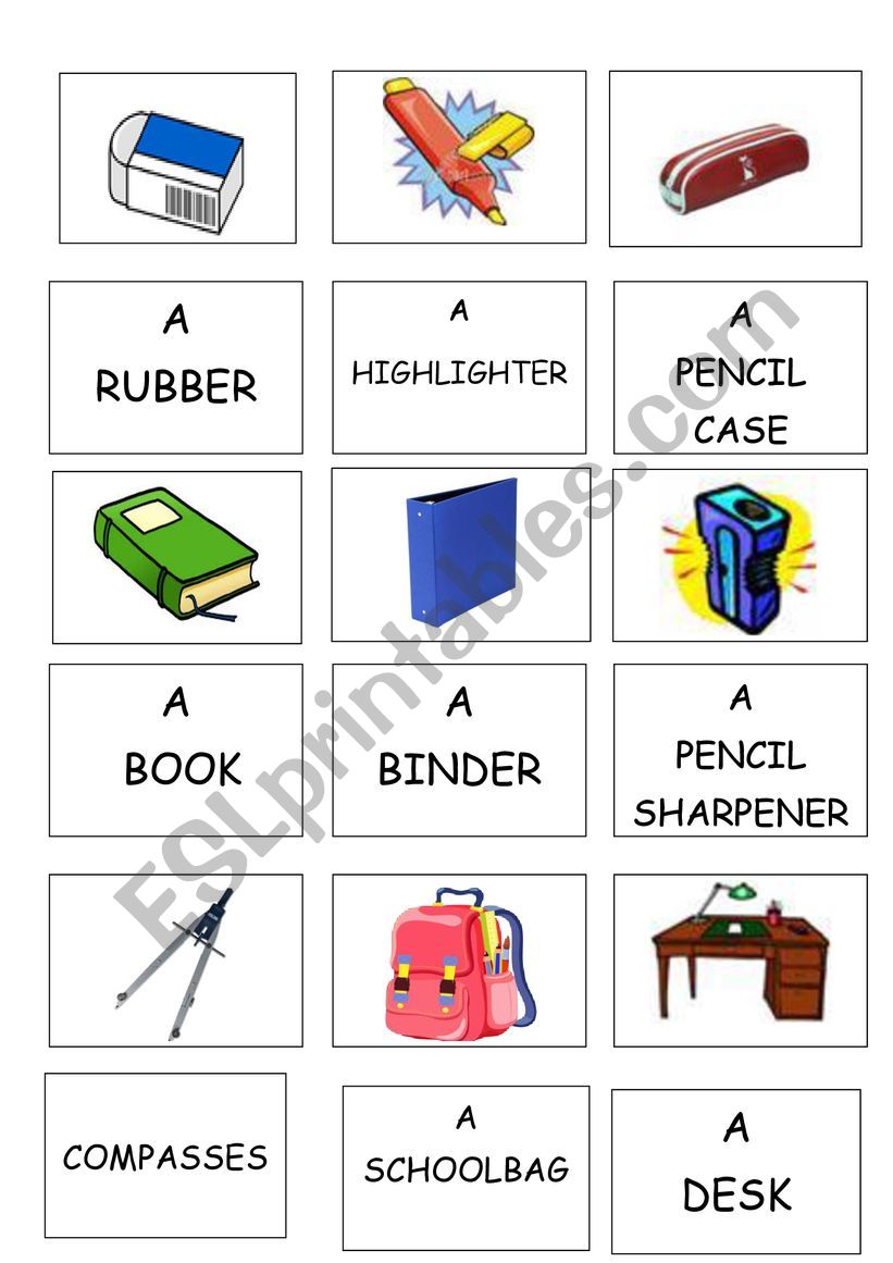 school things memory game worksheet