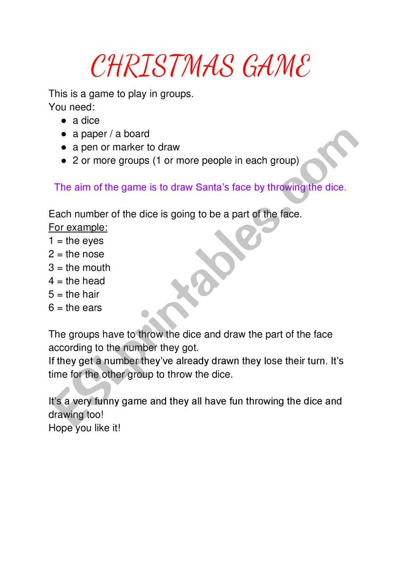 Christmas game worksheet