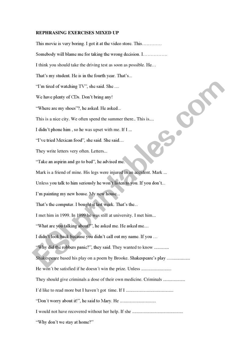 MIXED TENSES REPHRASING EXERCISES