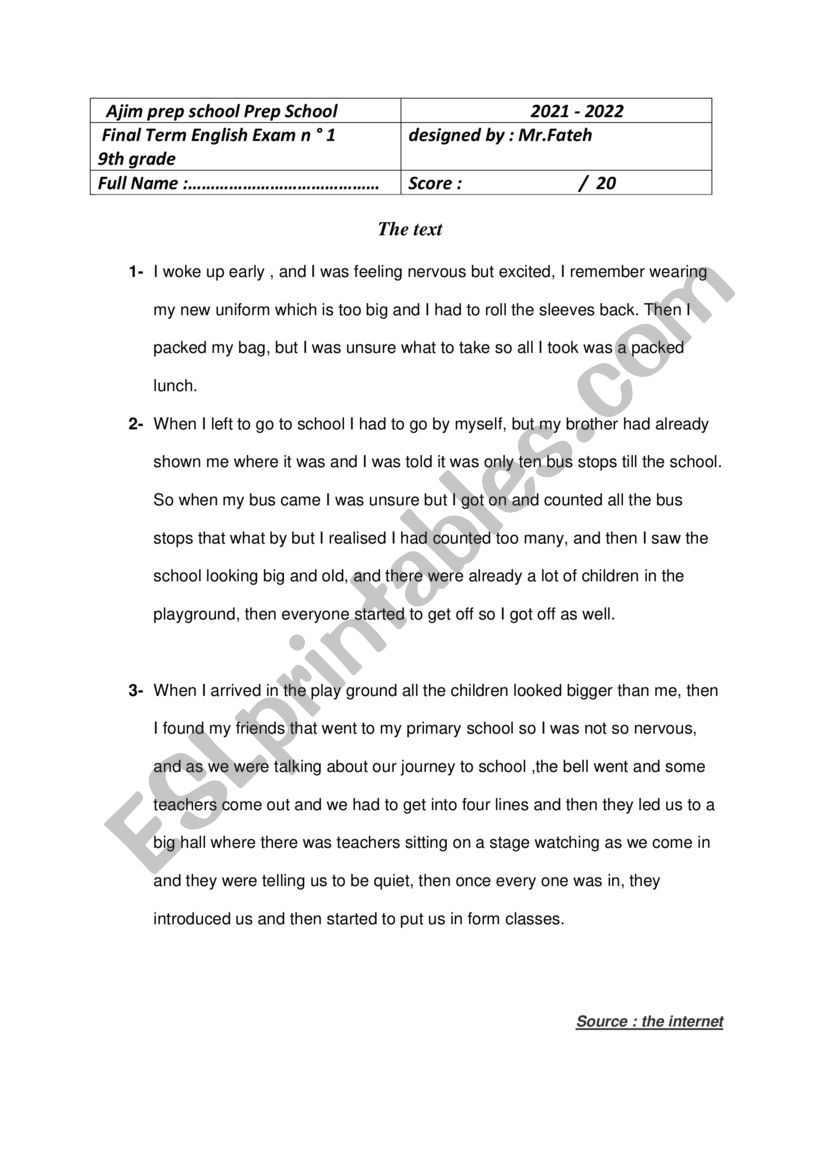9th End of term 1 test worksheet