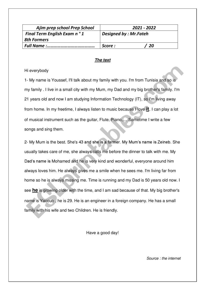 End of term test  worksheet