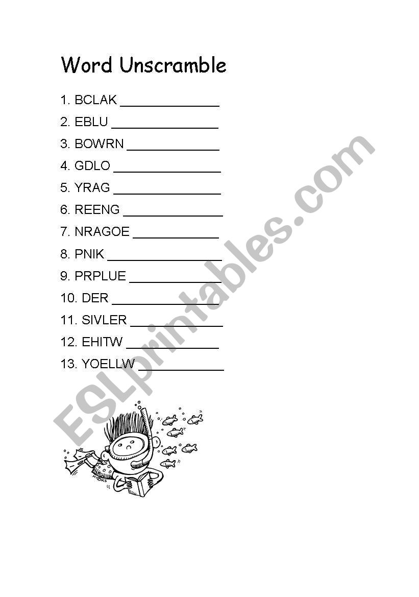 Colors Word Unscramble worksheet