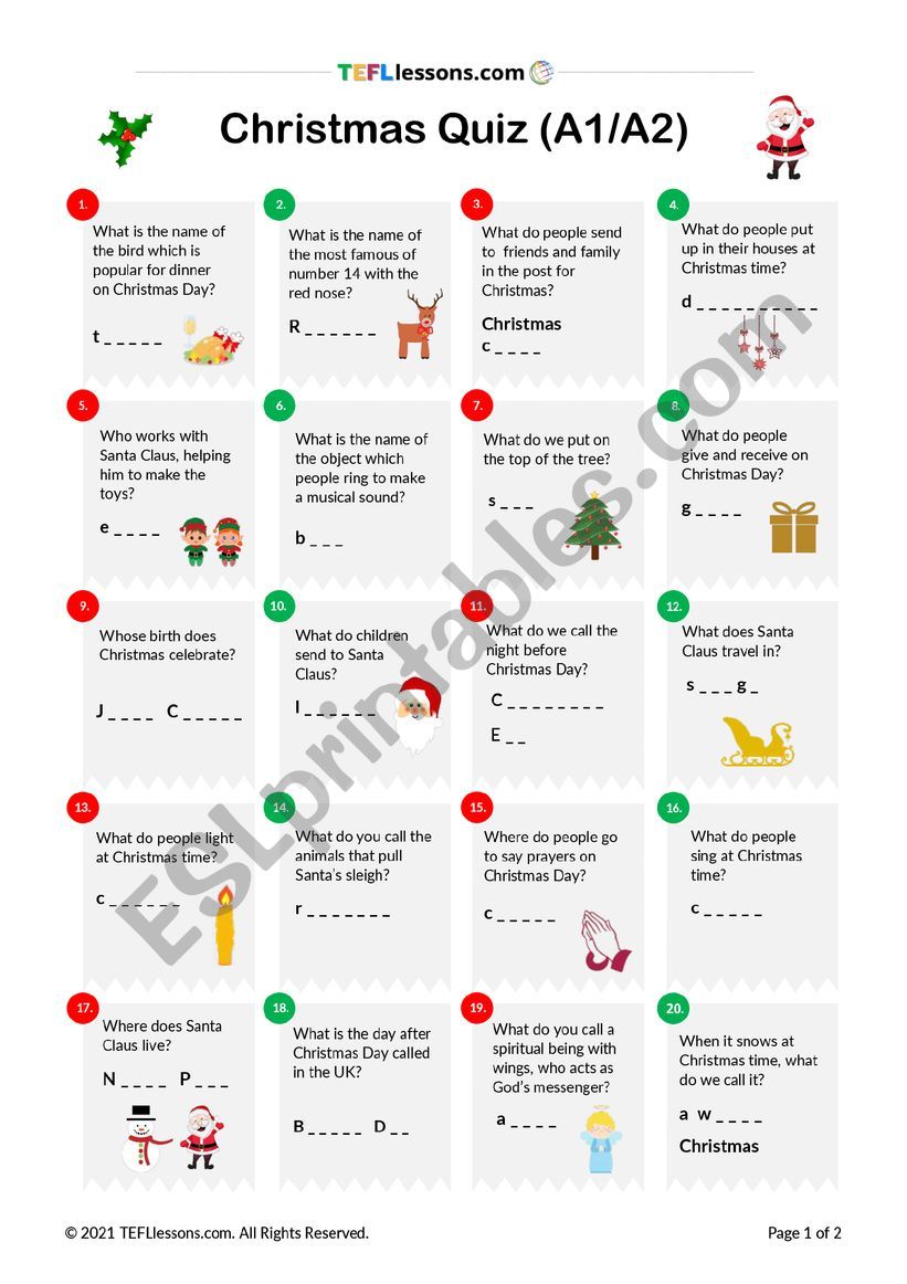 Christmas Quiz (A1/A2) worksheet