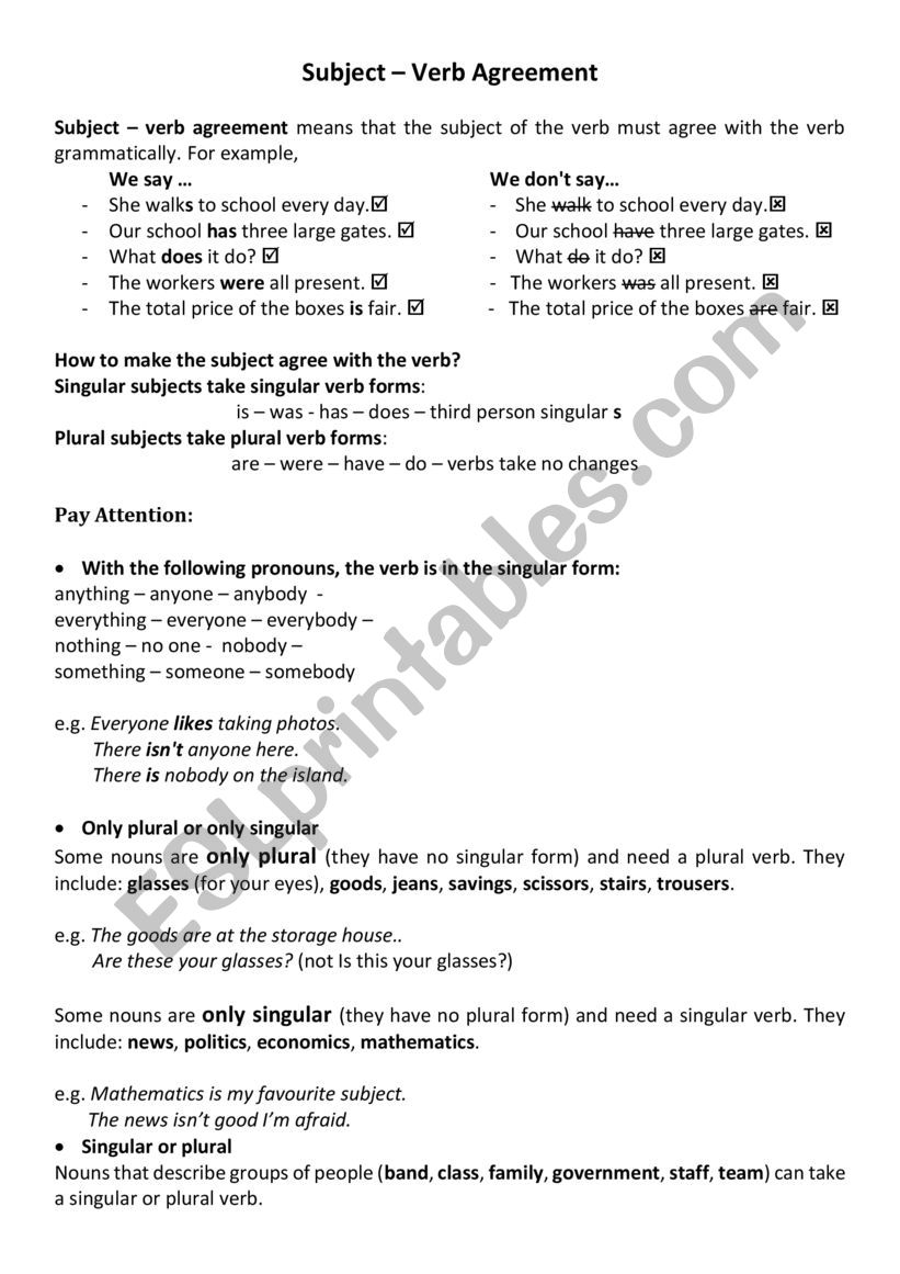 Subject Verb Agreement worksheet