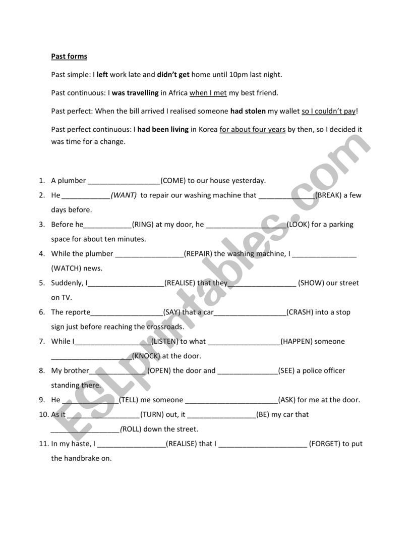 Past and Future forms worksheet