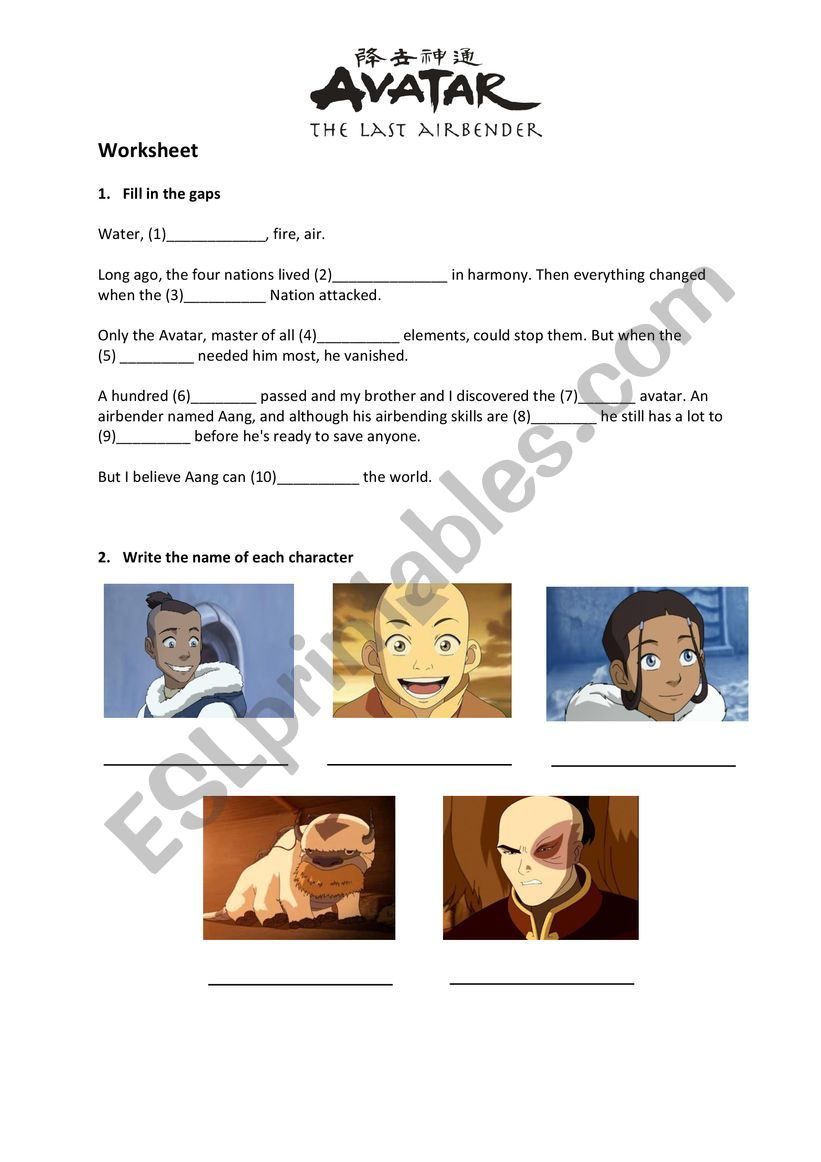 Avatar worksheet