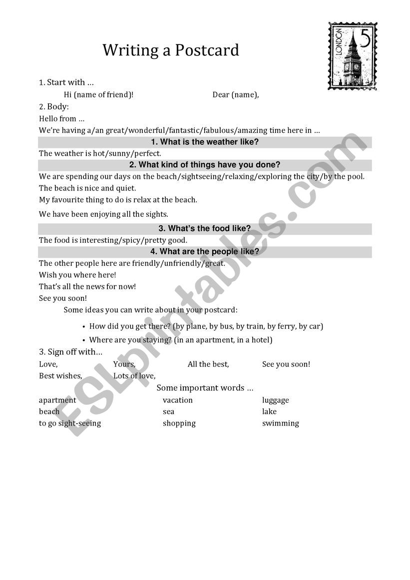 POSTCARD writing  worksheet