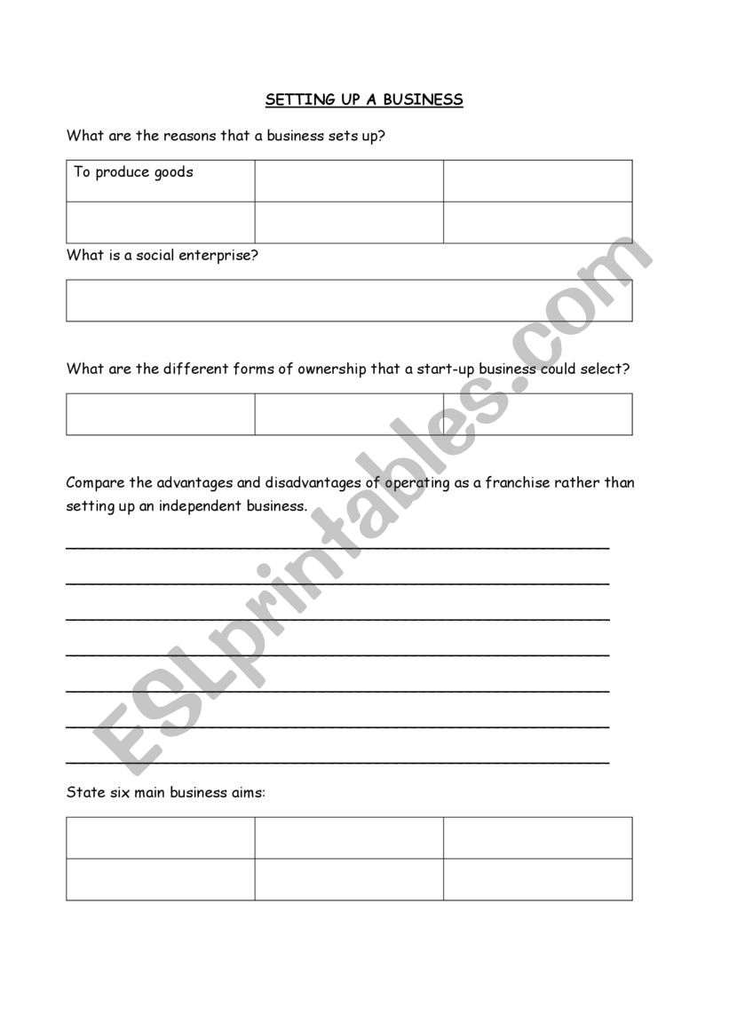 SETTING UP A BUSINESS worksheet