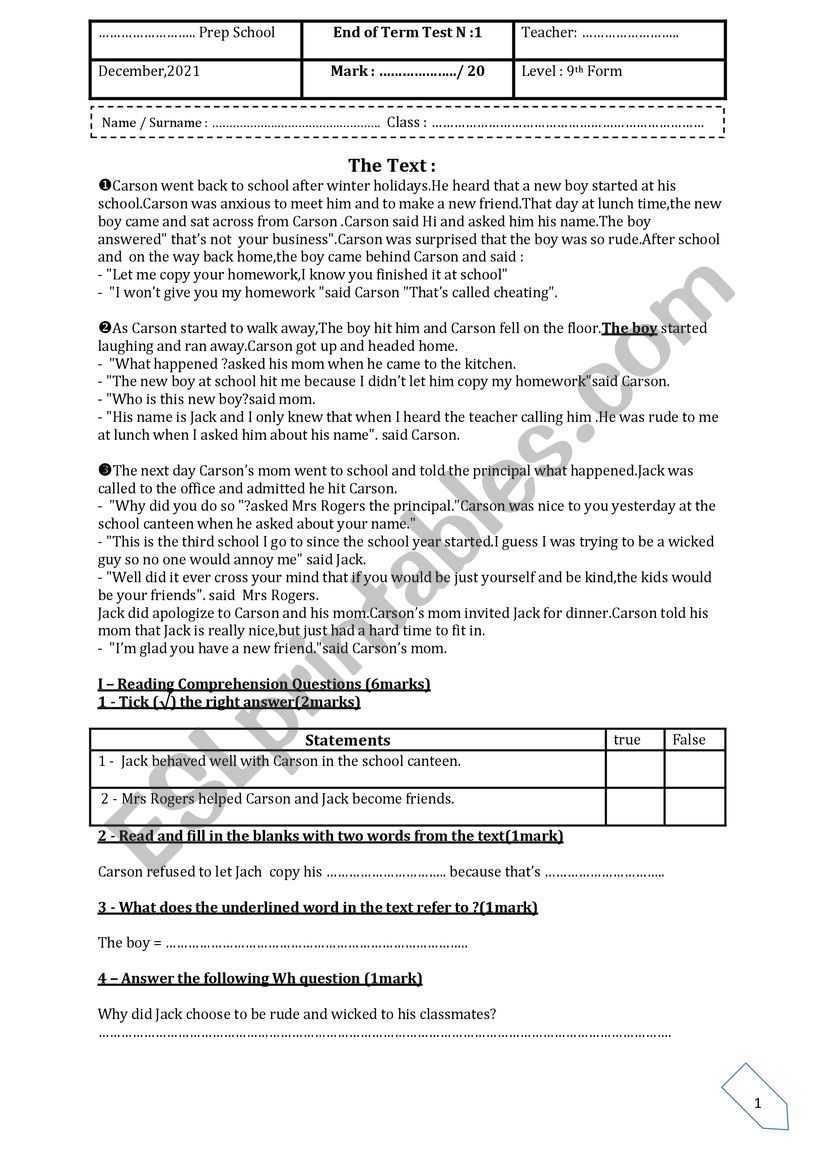 end of term test 1 9th forms worksheet
