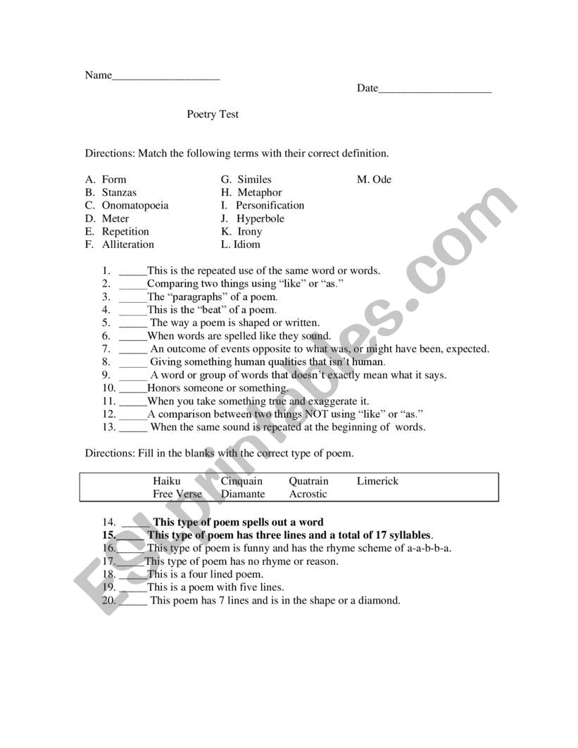 Poetry Test worksheet