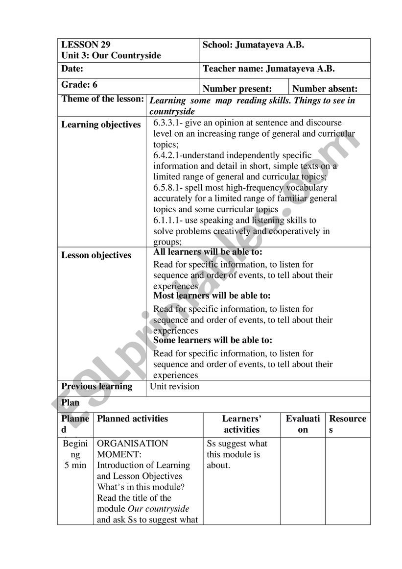 Lesson plan 6 grade (russian) worksheet