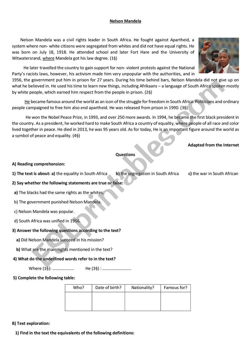 nelson mandela  worksheet