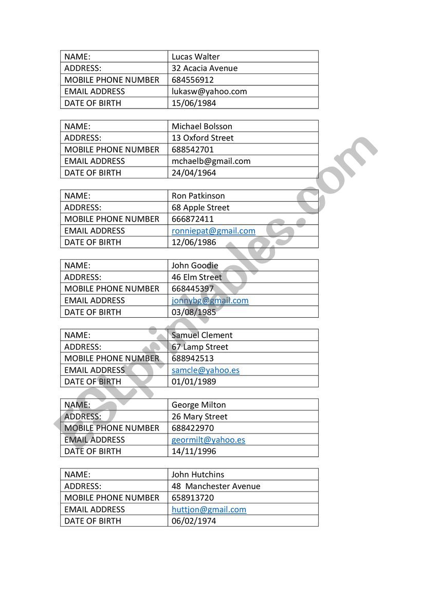 PERSONAL INFORMATION worksheet