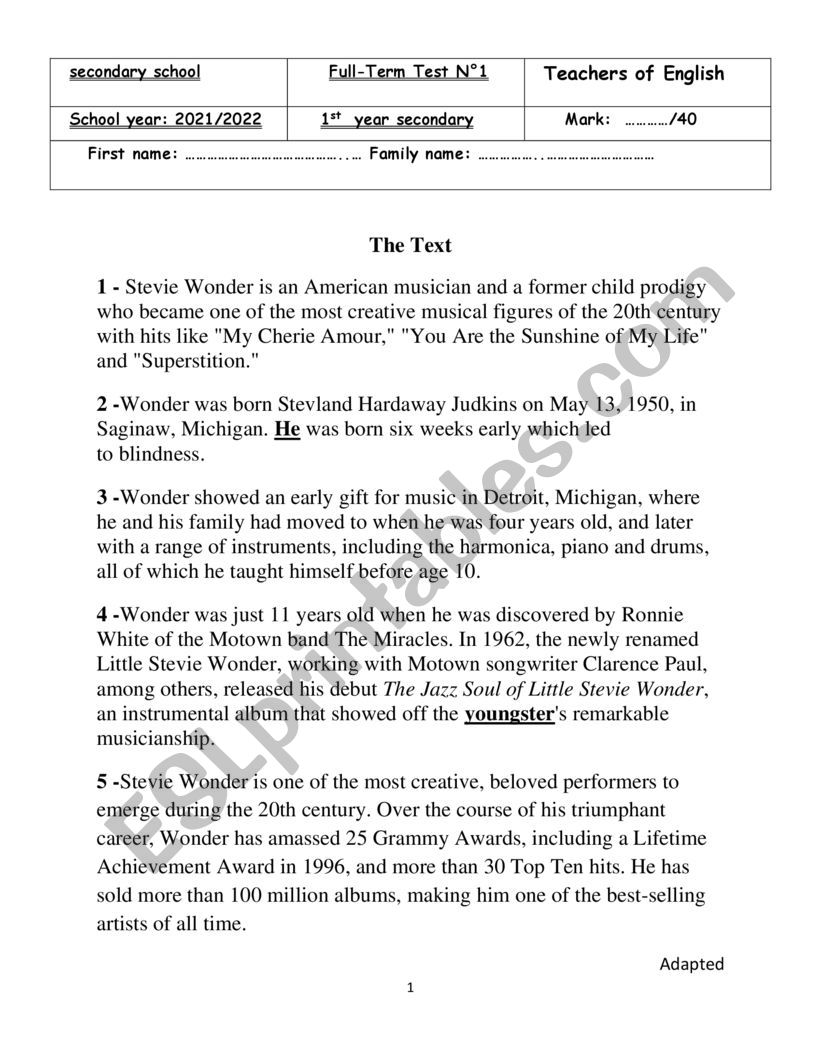 first secondary full-term test 1