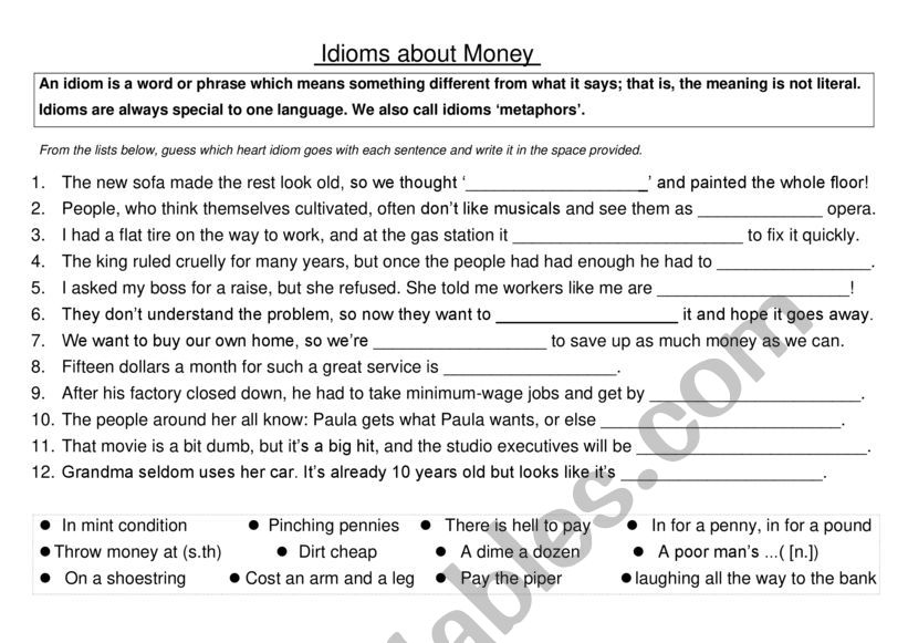 Money Idioms worksheet